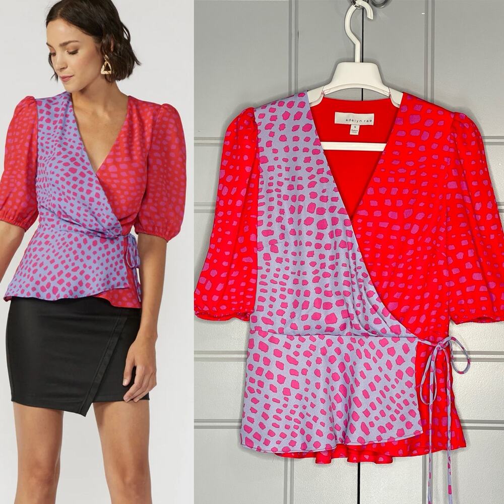 Adelyn Rae Anthropologie Lorna Wrap Top Red Periwinkle Bishop Sleeve Size Small